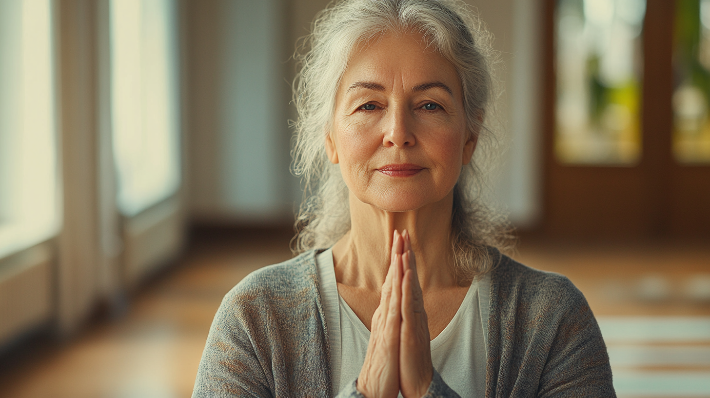 Інструктор показує м'які йога вправи старшій жінці в спокійній студії